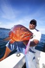 Mann hält frisch gefangenen Cubera-Schnapper auf Boot — Stockfoto