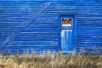 Un fienile blu con un segno in vendita — Foto stock