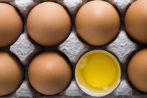 Ovos castanhos em caixa com um ovo branco descascado aberto mostrando jugo — Fotografia de Stock