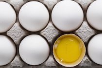 White eggs in carton with one brown shelled egg open showing yoke — Stock Photo