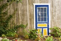 Синій двері і саду — стокове фото