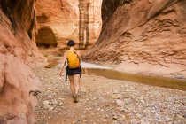 Adventurer exploring a desert slot canyon, San Rafael Swell. Utah, USA — Stock Photo