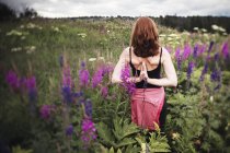 Заднього виду жінці, робити йога в луку з польових квітів — стокове фото