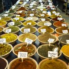 Abundant variety of spices and rice for sale at the Arab Market in the Old City of Jerusalem; Jerusalem, Israel — Stock Photo