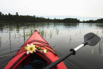 Kayak with fresh flowers placed on the bow — Stock Photo