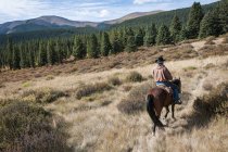 Uomo a cavallo durante Trail equitazione — Foto stock