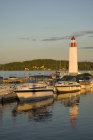 Boats Docked And Lighthouse — Stock Photo