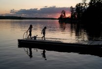 Озеро Вудс, Онтарио, Канада; Две девочки на доске — стоковое фото