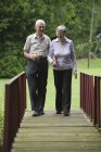 Щаслива старша кавказька пара ходить разом на мосту — стокове фото