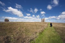 Campo com Castelo de Dunstanburgh — Fotografia de Stock