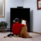Vue arrière du petit garçon et de son chien regardant la télévision. écran vierge — Photo de stock