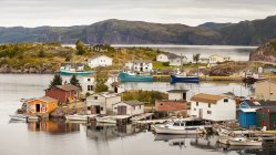 Village de pêcheurs avec des hangars colorés et des maisons le long de la côte atlantique ; Bonavista, Terre-Neuve, Canada — Photo de stock