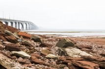 Песчаный пляж с грудой камней против воды и мостом над водой — стоковое фото