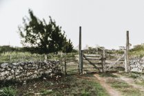 Vista de puertas antiguas y valla de piedra sobre campo y camino de tierra rural - foto de stock