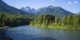Lush trees on shore of mountain lake and peaks with hills on background — Stock Photo