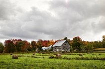 Ballots de foin et de grange dans un champ avec une forêt colorée d'automne ; Dunham, Québec, Canada — Photo de stock