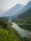 Veduta dell'acqua del fiume circondata da montagne pendii e alberi sulle rive — Foto stock