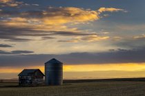 Un bâtiment en bois et une poubelle à grains en métal au coucher du soleil avec des nuages colorés et un ciel bleu ; Blackie, Alberta, Canada — Photo de stock