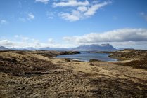 Paesaggio marrone lungo la costa con cime montuose in lontananza, penisola di Snaefellsnes; Islanda — Foto stock
