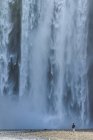Vue arrière de la femme debout à la base de la cascade de Skogafoss et regardant la puissante eau qui coule, Islande — Photo de stock