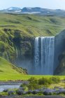 Cachoeira de Skogafoss e um rebanho de ovelhas pastando em um pasto; Skoga, Islândia — Fotografia de Stock
