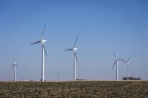 Wind turbines on tilled corn fields near Buffalo Center; Iowa, United States of America — Stock Photo