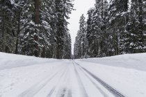 Verschneite Straße mit Eisglätte in den Bergen; keno, oregon, vereinigte staaten von amerika — Stockfoto