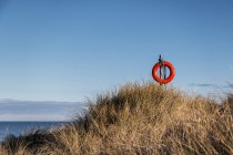 Gilet de sauvetage au milieu des herbes au sommet des dunes avec vue sur la mer et le ciel bleu ; Northumberland, Angleterre — Photo de stock