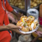 A hand holding a foil plate with a serving of traditional Indian food; Jaipur, Rajasthan, India — Stock Photo