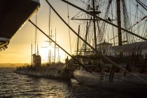 Корабль и парусник в гавани на закате; Сан-Диего, Калифорния, Соединенные Штаты Америки — стоковое фото