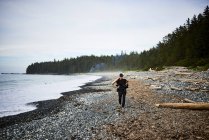 Жінка вигулює вздовж кам'янистого пляжу збору дров у мису Скотт Провінційний парк, острова Ванкувер, Британська Колумбія, Канада — стокове фото