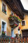 Историческое здание с цветочными горшками, Долон, недалеко от Курмайора; Долина Аоста, Италия — стоковое фото