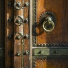Detalhes decorativos de metal em uma porta de madeira, Amer Fort; Jaipur, Rajasthan, Índia — Fotografia de Stock