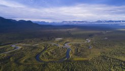 Imagem aérea de um córrego com as montanhas do parque nacional de Kluane na distância, perto da junção de Haines; Território de Yukon, Canadá — Fotografia de Stock
