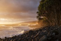 Vista panorámica de la costa de Hamakua al amanecer, Lapahoehoe Nui Valley, Isla de Hawaii, Hawaii, Estados Unidos de América - foto de stock