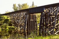 Vista panorámica del viejo puente de caballete de madera icónica sobre el río Sturgeon, St. Albert. Alberta, Canadá - foto de stock