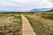 Boardwalk path leads hikers through the hiking route on the Vatnajokull National Park plateau, Iceland — Stock Photo