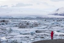 Rückansicht einer stehenden Frau mit Blick auf Eis und Eisberge bei jokulsarlon, Island — Stockfoto