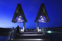 Чоловік, що стоїть на Terwillegar Парковий міст у сутінках, Едмонтон, Альберта, Канада — стокове фото