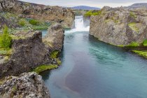 Amplia vista angular de la hermosa parada turística en Hjalparfoss, Islandia, donde un par de cascadas y agua azul cristalina fluyen entre campos de flores de altramuz, Islandia - foto de stock