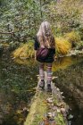 Жінка вигулює через журнал над спокійна потоку в осінь, Каліфорнія, США — стокове фото