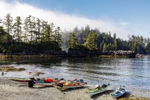 Kayaks en un pequeño islote en Beaumont Marine Park en Bedwell Harbour, South Pender Island, Pender Island, Columbia Británica, Canadá - foto de stock
