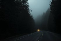 Foggy highway 26 at dusk with headlights on an approaching car, Oregon, United States of America — Stock Photo