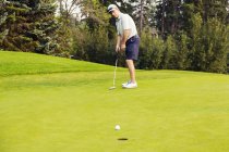 Взрослый гольфист ловко ударяет мяч для гольфа в лунку на поле для гольфа, Эдмонтон, Альберта, Канада — стоковое фото