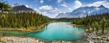 Scenic view of alpine lake with mountains, blue sky and clouds in the background; British Columbia, Canada — Stock Photo