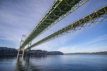 The Tacoma Narrows Bridge from the water surface, Olympic Peninsula; Tacoma, Washington, United States of America — Stock Photo