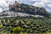 Руины мавританского замка на вершине холма с домами, заполняющими склон холма, Монтефрио, провинция Гранада, Испания — стоковое фото