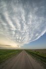 Dramatic skies over a dirt road and landscape seen during a storm chasing tour in the middle west of the United States; Kansas, United States of America — стоковое фото