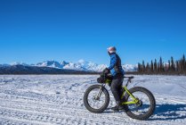Homme en fatbike sur le Chulitna Bluff Trail par une journée ensoleillée d'hiver. Centre-sud de l'Alaska, États-Unis d'Amérique — Photo de stock