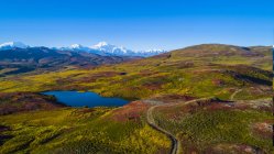 Національний парк і заповідник Деналі, вид з Пітерс-Гіллз з горою Деналі, відомий як гора Маккінлі, і Аляска хребет, Трапер-Крік, Аляска, США. — стокове фото